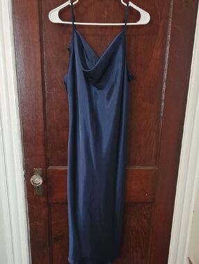 Bebe Navy Satin Slip Dress with Cowl Neck